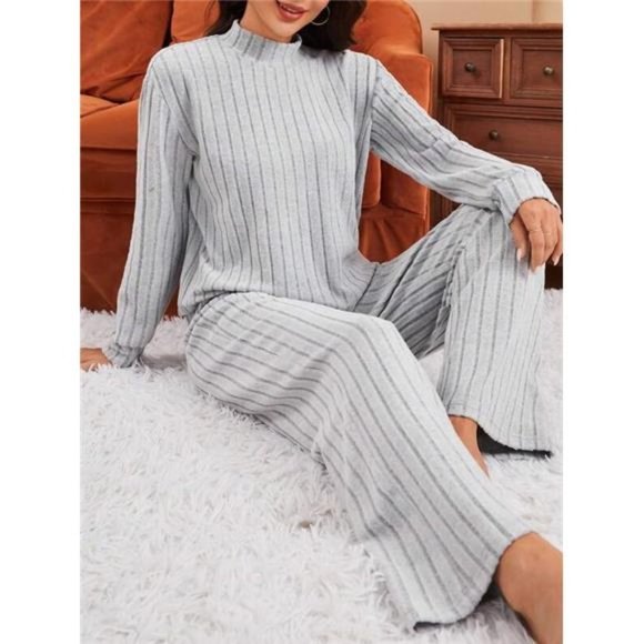 Women's Solid Color Stand Collar Knitted Ribbed Loungewear Set - Picture 2 of 7